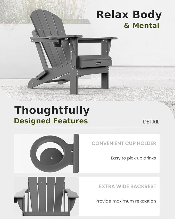 MUCHENGHY Folding Adirondack Chairs Set of 4, Hdpe Fire Pit Chairs, Outdoor Chairs, Plastic Adirondack Chairs, Lawn Chairs Weather Resistant with Cup Holder for Deck, Backyard, Garden(Gray)
