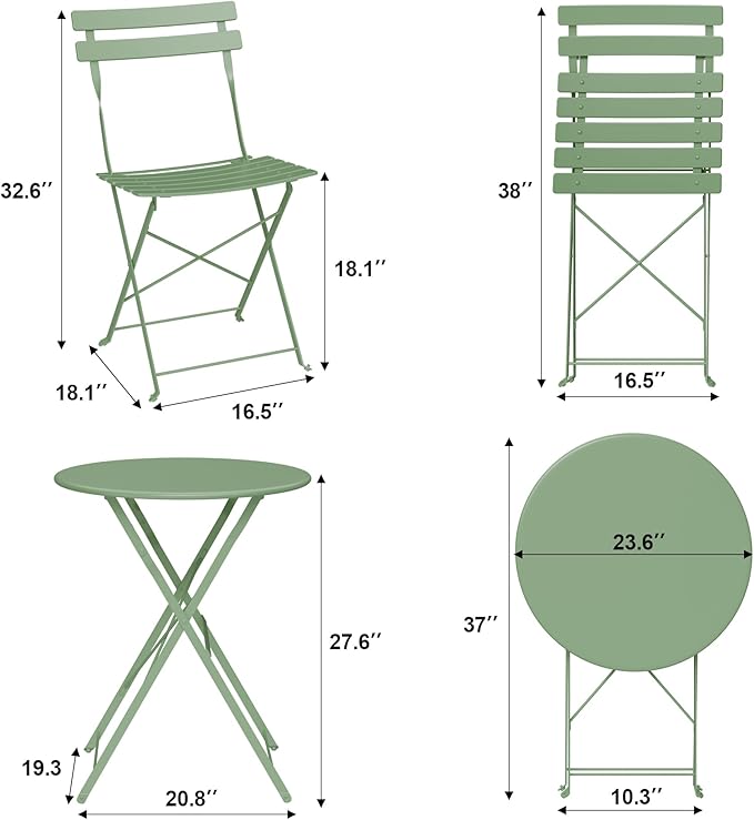 Bistro Table and Chairs Set of 2, 3 Piece Outdoor/Indoor Folding Patio Bistro Sets, 2 Chair Patio Furniture Set with Table, Premium Frame Foldable Coffee Tables for Balcony, Yard, Garden, Green
