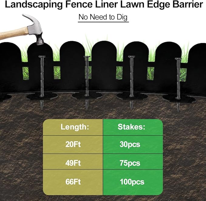 Landscape Edging Kit, 5.5IN x 49FT Flexible Plastic Garden Edge Borders for Landscaping, Lawn, Paving, Garden, Flowerbeds, Tree Rings, Yard, Pathway, Fence, Include 75pcs Spikes, Black