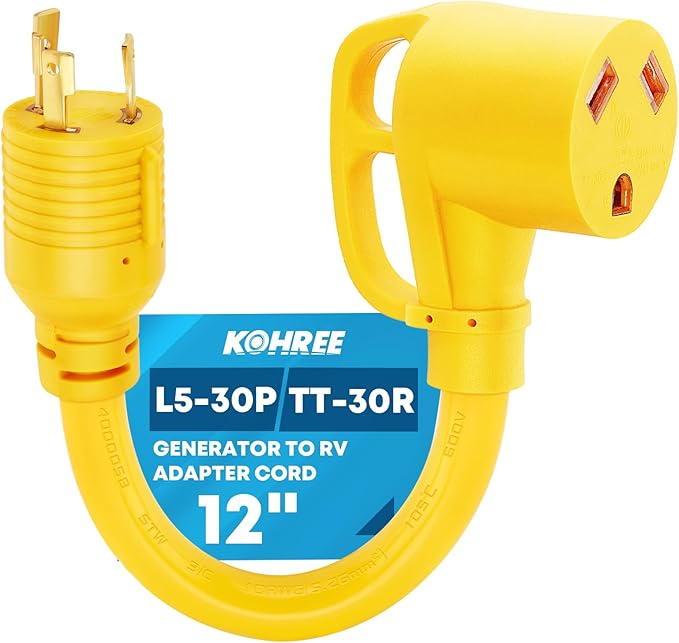 Kohree 3 Prong 30 Amp RV Generator Adapter, NEMA L5-30P to TT-30R Twist Lock Adapter, Heavy Duty STW 10 AWG, ETL Listed Extension Cord Suitable for House RV Camper Trailer (12 Inch)