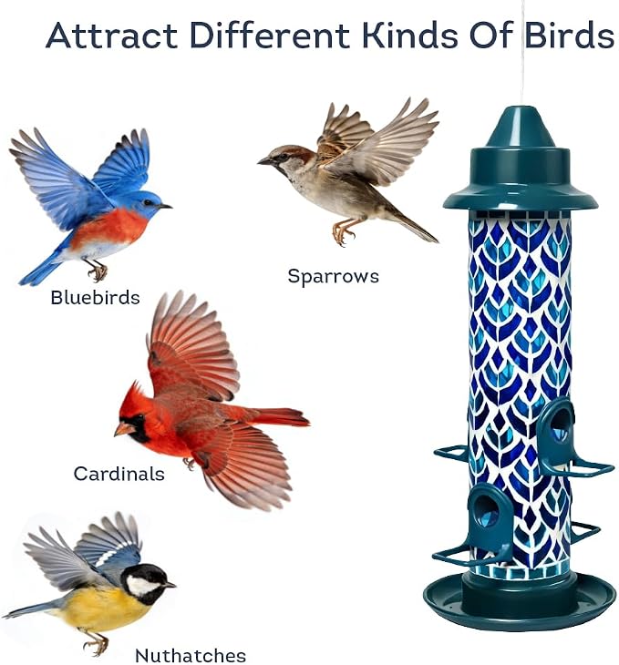 Lily's Home Blue Mosaic Tube Bird Feeder - Attracts Small Birds - 4 Feeding Ports, 3 or 4 Cups Capacity & 6'' Hanging Wire - Tube Bird Feeders for Outdoors Garden - Easy Refill - Twist-Off Cap
