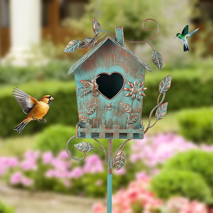 DREAMSOUL 48" Rustic Bird Houses for Outside Metal Bird House Pole, Decorative Green Birdhouse for Patio, Yard, Garden