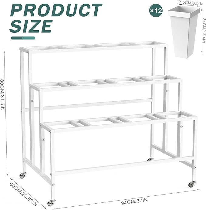 Asee'm Flower Display Stand With 12PCS Buckets 3 Tier Flower Cart Display Stand with Wheels Heavy Duty Moving Metal Plant Stand Flower Bar Flower Rack for Florist Indoor Outdoor Patio Garden White