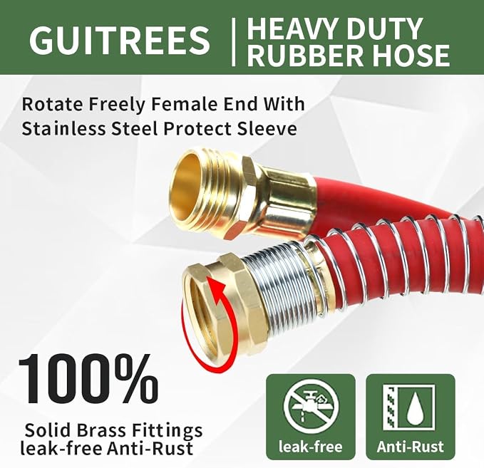 Guitrees 50FT 3/4 Heavy Duty Rubber Garden Hose - 300psi Working, 1000psi Burst - Hot/Cold Water - Five-Layered Braiding for Durability - Versatile for Gardening, Agriculture, Construction(Red)