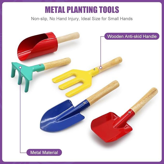 Losbenco 15 PCS Kids Gardening Tool Set for Girls Boys, Toddler Gardening Tools Set with Wheelbarrow, Flower Pot, Storage Bag, Rake, Fork, Shovel, Apron, Outdoor Garden Tool Play Set for Kids
