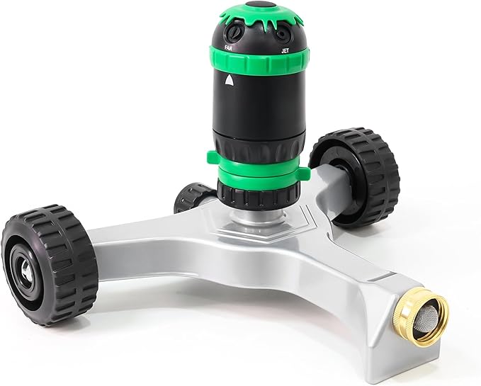 RESTMO Gear Drive Sprinkler with Wheeled Base, 5-Pattern Multi-Adjustable Lawn Sprinklers for Yard, Heavy Duty Watering System for Garden Plant, Flower Bed and Large Area Watering