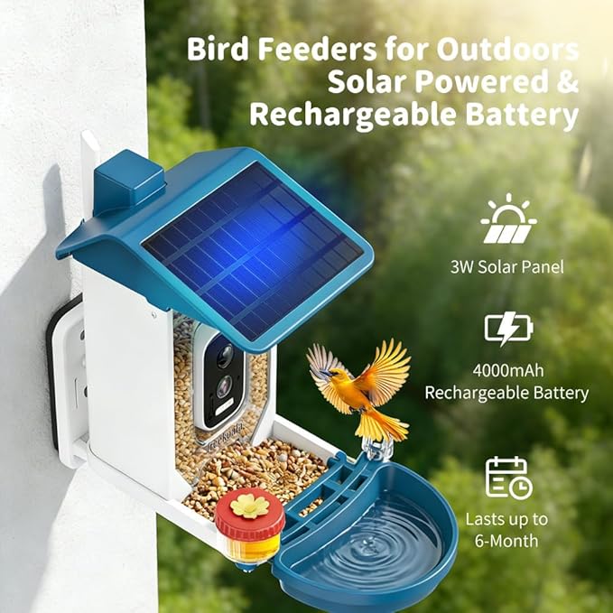 Bird Feeder with Camera, 4K UHD AI Video Bird Feeder Camera, Solar Powered Smart Bird Feeder with Camera for Outside, Instant Arrival Alerts, 3-in-1 Design, Ideal Gifts for Bird Lovers, Blue