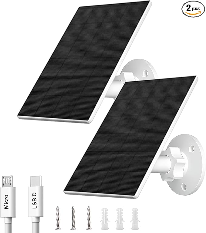 FUTUREZEN 2W Solar Panel for Security Cameras, 5V Solar Charger for Rechargeable Battery Cameras with Micro USB & USB-C Ports, IP65 Waterproof, 360° Adjustable Mount, 7.2 ft Cable (2 Pack, White)