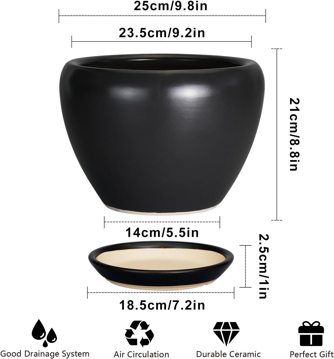 Ceramic Pot for Plants - 10 Inch Plant Pot Indoor with Drainage Hole and Saucer Large Planter Decorative Planter Modern Outdoor Flower Pot for House Balcony Black