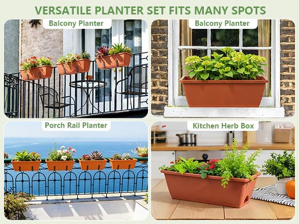 OYEAL Deck Railing Planter Box 4 Pack Window Boxes Planters with Adjustable Brackets 17 Inch Rectangular Hanging Flower Pots Outdoor for Garden Fence Balcony Porch Patio Decor, Red & Black