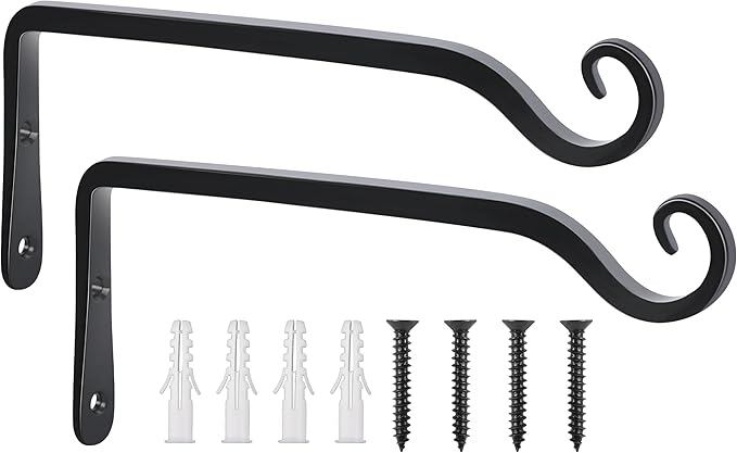 FEED GARDEN Wall Hooks for Hanging Plants 10 Inch - 2 Pack Heavy Duty Metal Plant Brackets, Holds 48 lbs, Rust Resistant Black L-Shape Hooks for Indoor Outdoor Decor
