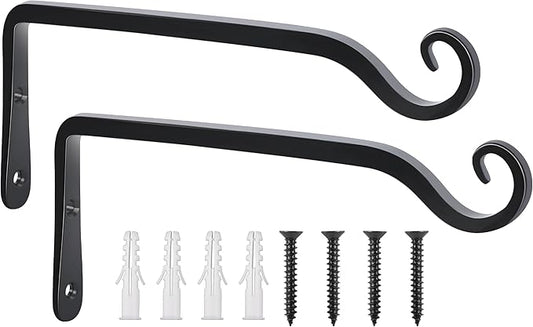 FEED GARDEN Wall Hooks for Hanging Plants 10 Inch - 2 Pack Heavy Duty Metal Plant Brackets, Holds 48 lbs, Rust Resistant Black L-Shape Hooks for Indoor Outdoor Decor