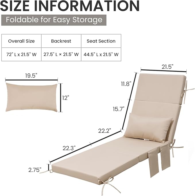 Crestlive Products Foldable Outdoor Chaise Lounge Cushions with Head Pillow and Side Pockets,Water Repellent & Fade Resistant Lounge Chair Cushion, 72" L x 21" W, Beige