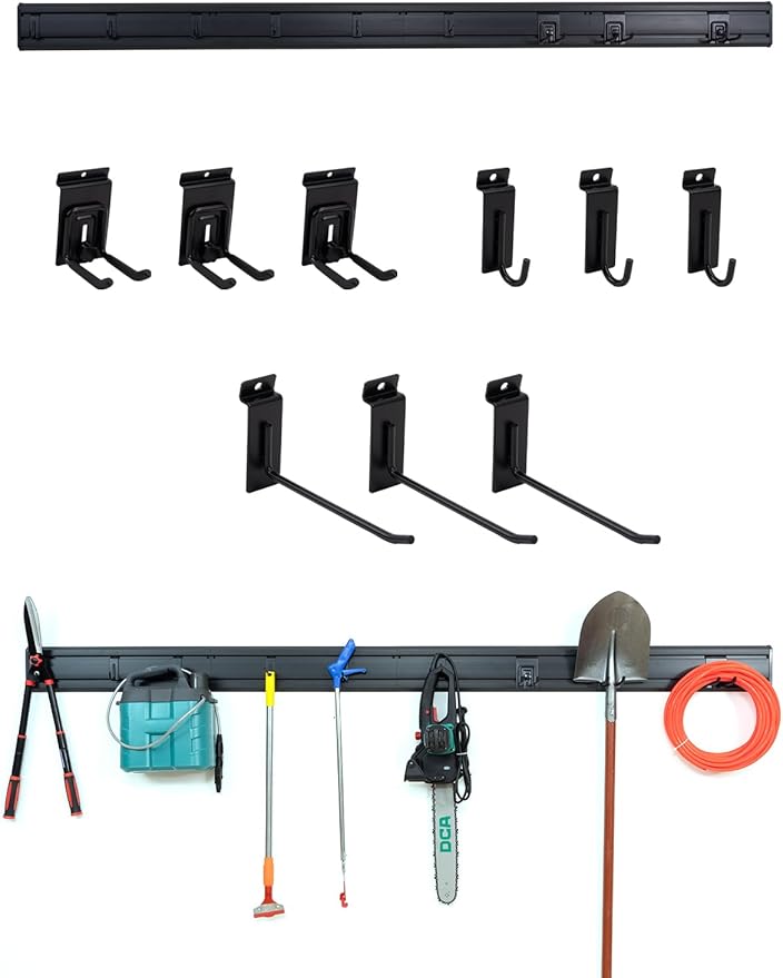 Slat Wall Paneling Garage Tool Organizer Wall Mount 4 Pack with Adjustable Metal Hooks 9 Pack, Garage Slat Wall Storage Systems Garage Storage & Organization Products, Black Slatwall Total 96 inch