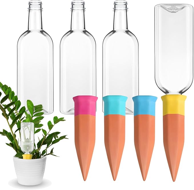 Ziliny Plant Watering Devices Include Terracotta Watering Spikes 17 oz Plastic Automatic Plant Waterer Clear Wine Bottle for Indoor Outdoor Garden(8 Pcs)
