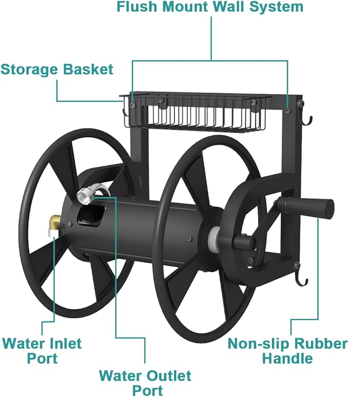Artigarden Outdoor Wall Mounted Hose Reel with Hook, Garden Heavy-Duty Water Holder Winder with 3.9 ft Leader Hoses, Brass Fitting and Storage Basket for Yard, Holds 125 Ft of 5/8-Inch Hose, Black