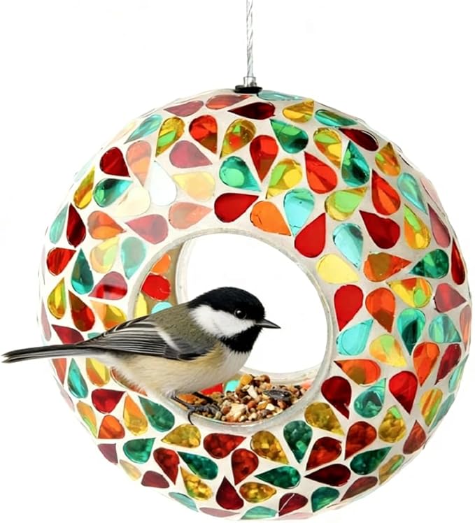 Lily's Home 6 Inches Glass Mosaic Hanging Bird Feeder for Outdoors Fly-Through Large Bird Feeder for Outdoor Garden Decor Backyard, Vibrant Gift for Animal Lovers, Green, Yellow Orange