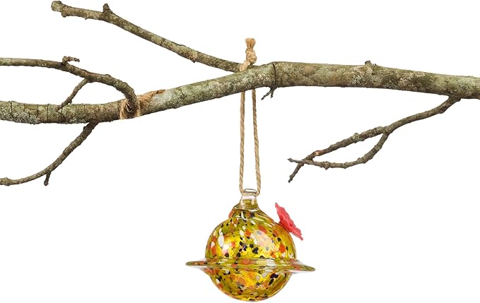 Red Carpet Studios Hummingbird Feeder Hand-Blown Art Glass Hanging Birdfeeder with Red Flower Feeding Port, Yellow Planet