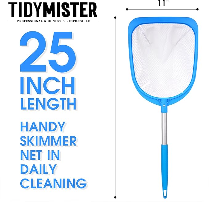 TidyMister 11'' Wide Hot Tub Skimmer for Spa, Handy Pool Skimmer Net with Ultra Fine Diamond Netting Mesh for Small Pools, Hanging Hole Easy to Store (25'' Long)