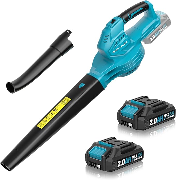 SEYVUM Leaf Blower, 20V Cordless Blower with 2 x 2.0Ah Battery, Electric Leaf Blowers for Lawn Care, 350 CFM 150 MPH Battery Powered Leaf Blower, for Patio, Garden Cleaning, Fast Charger, Blue