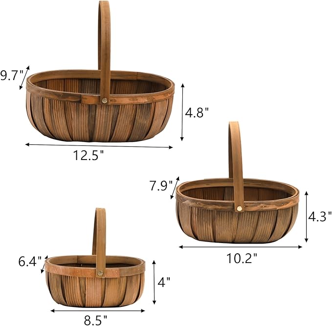 Lawei 3 Pack Wooden Bread Baskets, Wood Chip Picnic Basket with Handles, Handmade Woven Fruits Vegetable Storage Serving Basket Holder, Gift Packing Woven Basket, Flower Girl Baskets for Wedding