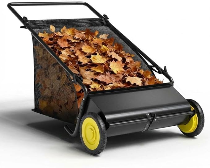 PeakPursuit 21 Inch Push Lawn Sweeper, Leaf & Grass Collector, Strong Rubber Wheels & Heavy Duty Thickened Steel Durable to Use with Large 3.5 Cu. ft Hopper Bag, 4 Spinning Brushes