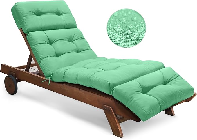 Outdoor Chaise Lounge Chair Cushion Waterproof 74.4 x 22 x 4.7 Inches Memory Foam Lounge Chair Cushions Replacement for Outdoor Furniture with Ties, Thickened Pool Lounge Chair Cushion, Cyan