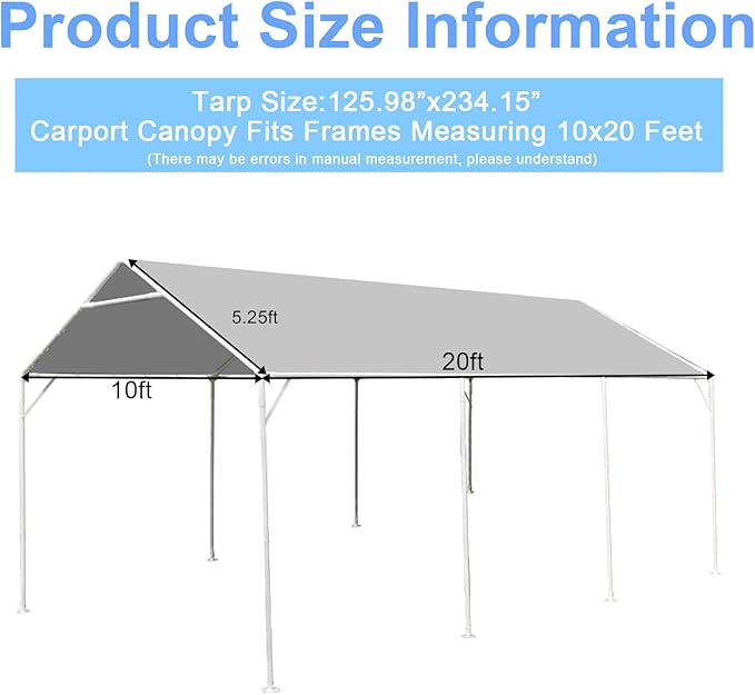 10 x 20 Ft Heavy Duty Carport Replacement Canopy Waterproof & UV Protected Garage Top Tent Shelter Tarp with 44 Ball Bungees Cords, Only Top Cover, Silver Grey