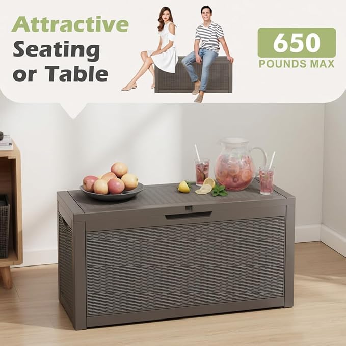 72 Gallon Outdoor Storage Box, Resin Deck Boxes Outdoor Waterproof For Patio Furniture, Garden Tools, Pool Supplies, Lockable And UV Resistant (Rattan Gray)