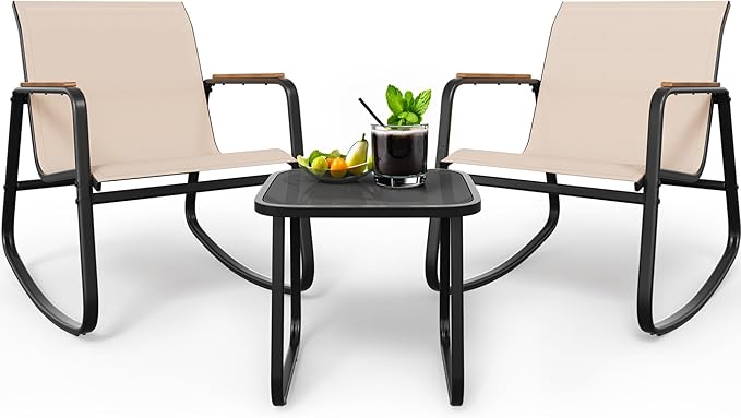 DWVO Patio Rocking Bistro Set, 3 Piece Durable Textilene Outdoor Furniture Set, Wooden Armrest Rocker Chairs & Glass Table for Garden, Balcony & Poolside, Beige