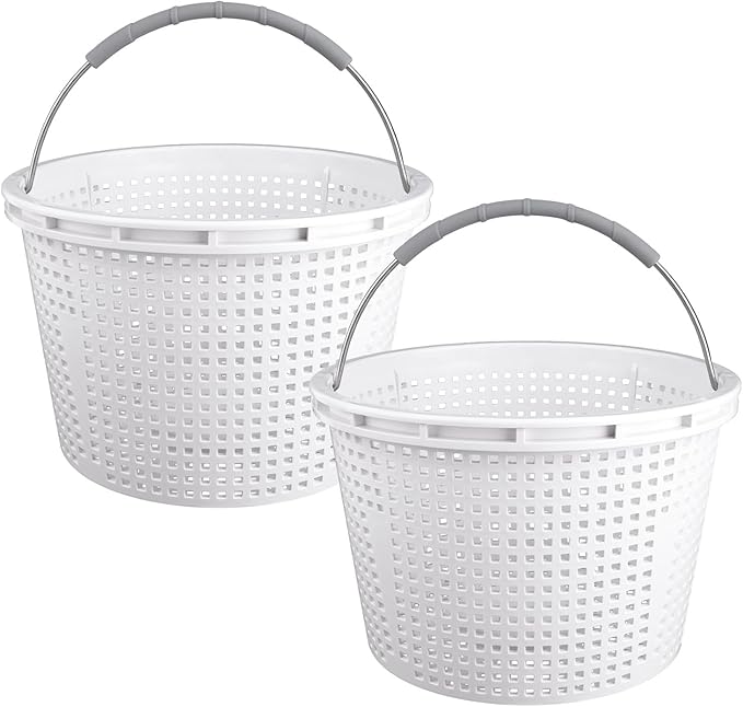 8" Pool Skimmer Basket for Inground Pool Compatible with Pentair U-3 Skimmer Basket 08650-0007 and Hayward SP1070 Pool Basket Stainless Steel Handle Rubber Grip & Built in Weighting White 2 Pack