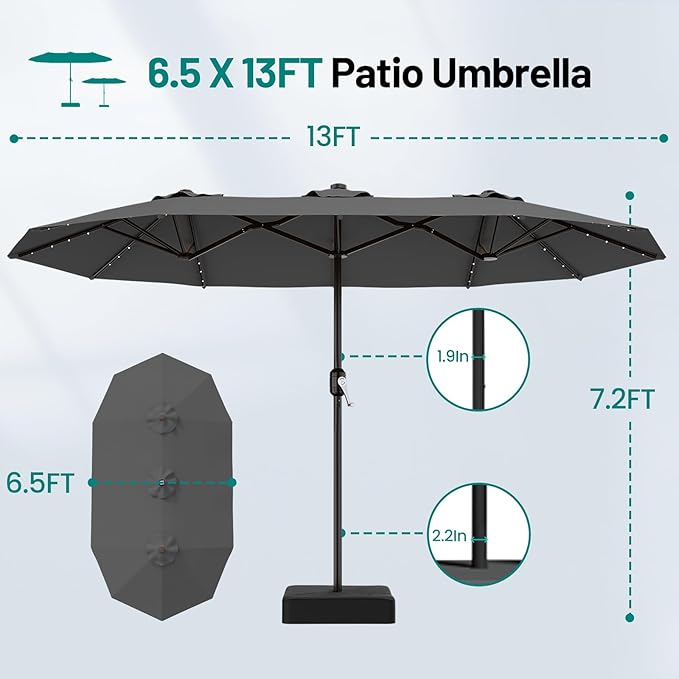 AreShark 13 FT Patio Umbrella with Solar Lights, Double-Sided Outdoor Table Umbrellas with Crank, Large Rectangular Market Umbrella for Porch, Lawn, Pool, Backyard, Gray