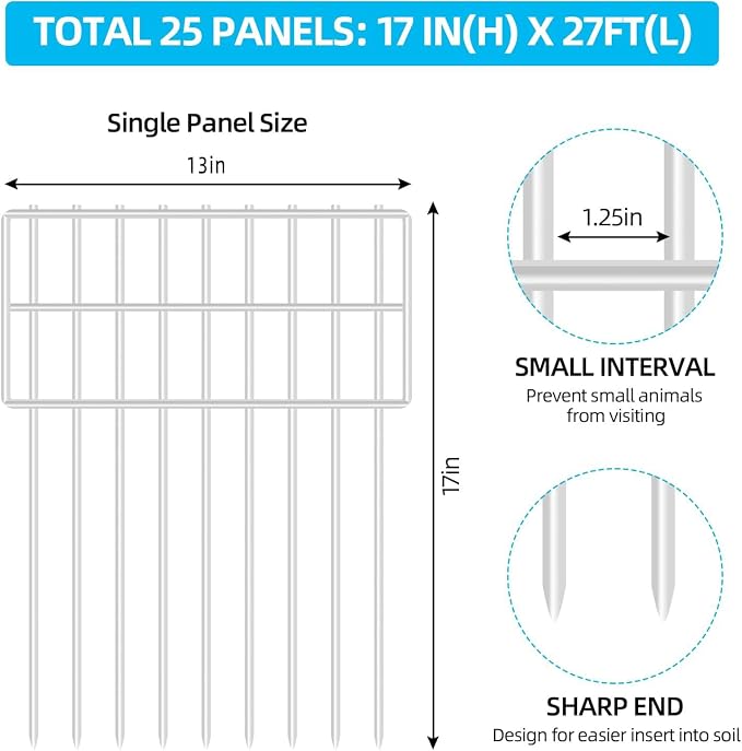 25 Panels Garden Fencing Animal Barrier, 17in (H) X 27ft (L) Dog Dig Fence Barrier, 1.25in Gap Rustproof Metal Stakes Decorative Garden Fence, Ground Defense Border for Outdoor, Yard, Patio, White