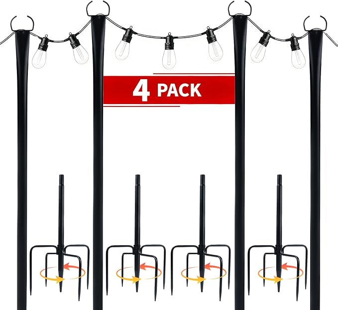 4 Pack 10FT String Light Poles for Outside, Heavy Duty Metal Poles with Fork Base & Hooks, Rustproof Poles for Hanging Lights on Patio, Deck, Backyard, Garden, Wedding, Party