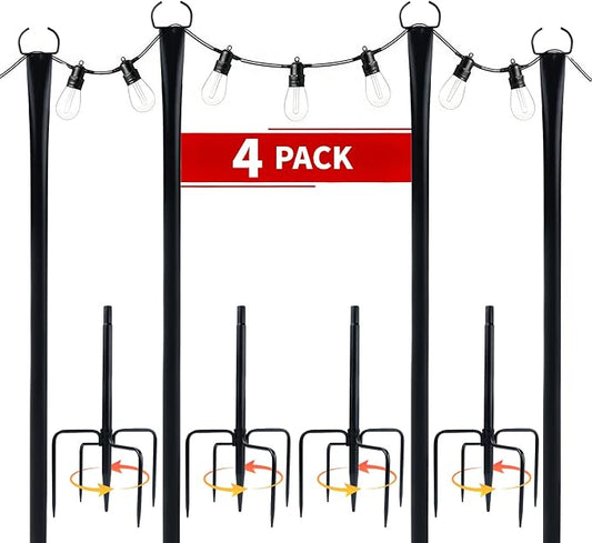 4 Pack 10FT String Light Poles for Outside, Heavy Duty Metal Poles with Fork Base & Hooks, Rustproof Poles for Hanging Lights on Patio, Deck, Backyard, Garden, Wedding, Party