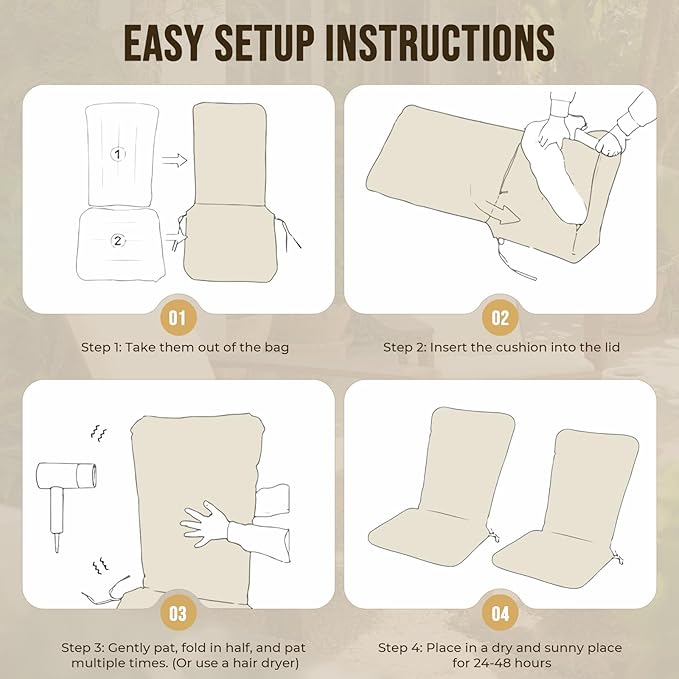 Adirondack Chair Cushions, Waterproof & Fade-Resistant Outdoor Rocking Chair Cushion Set, Removable Seat Pads with Ties for High Back Dining or Patio Chairs, Cream