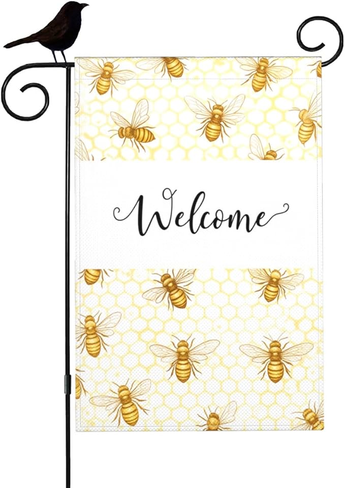 Mugod Welcome Flying Bee Garden Flag 12.5x18 Inch Double Sided, Honeycomb & Bees Yard Flag for Outdoor House Porch Patio Lawn Decor