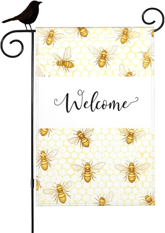 Mugod Welcome Flying Bee Garden Flag 12.5x18 Inch Double Sided, Honeycomb & Bees Yard Flag for Outdoor House Porch Patio Lawn Decor
