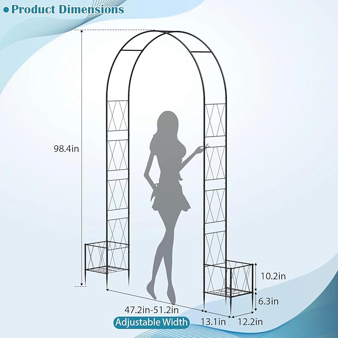 Heavy Duty Garden Arch Trellis for Climbing Plants Outdoor, Metal Garden Arbors Archway Arched Trellis with Planter Boxes, Wedding Arches for Ceremony Arch Backdrop Stands for Party Decorations, Black