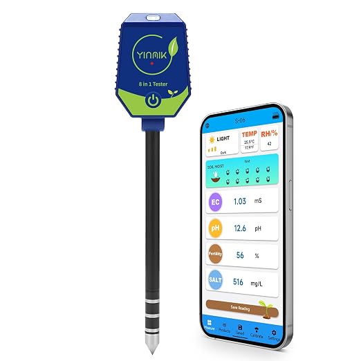 YINMIK 8 in 1 Soil Test Kits, Moisture pH Meter for Soil, Plant pH Conductivity Tester, pH Moisture EC Salt Humidity Light Fertility Temp Reader for Garden, Grass, Lawn, Greenhouse, Farming, Yard