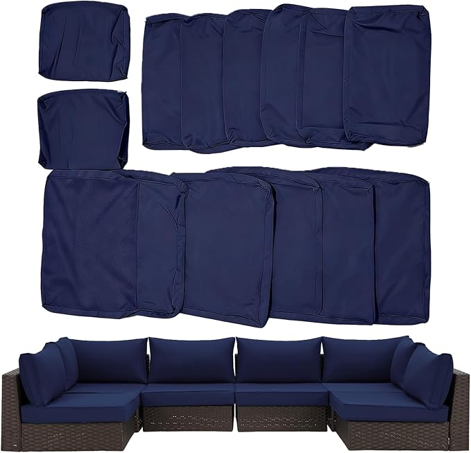HOMREST 14-Piece Outdoor Cushion Covers Set for Patio Furniture, Reversible Double-Sided Sofa Slipcovers with Zipper, Water-Repellent Replacement Covers Only (Navy, 25.6×25.6×3.9in)