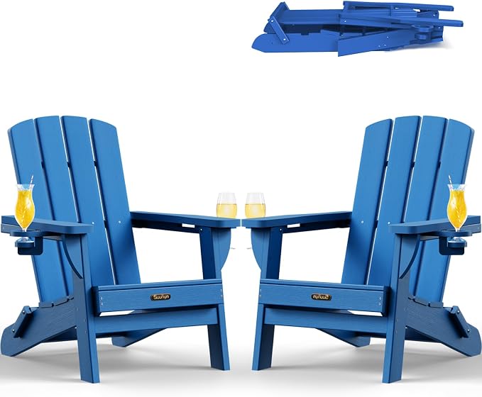 Folding Adirondack Chair Set of 2, HDPE Adirondack Chairs with 2 Cup Holder, Plastic All-Weather Fire Pit Chairs, Outdoor Lawn Chair for Patio Garden (Royal Blue)