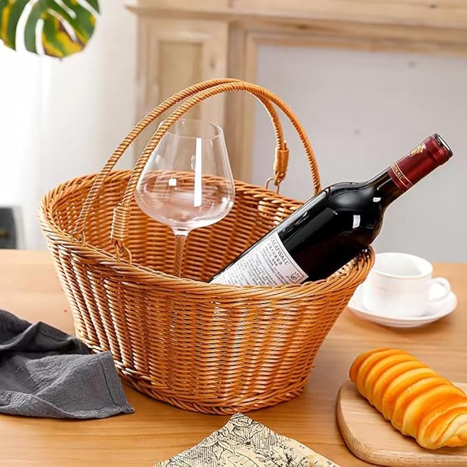 Picnic Basket, Garden Harvest Basket, Wicker Shopping Baskets with Foldable Handles, Reusable Handwoven Market Baskets for Carrying Shopping Storage Gathering (Brown, Oval)