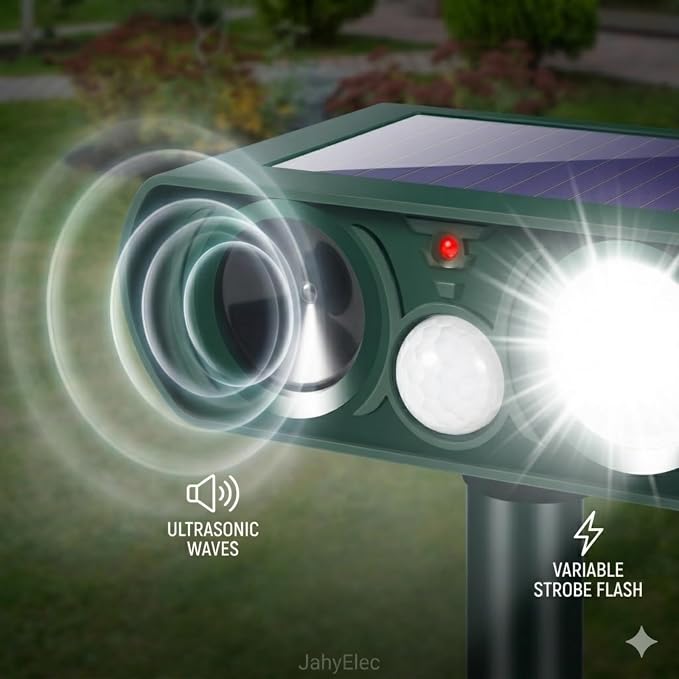 4 Pack New Solar Animal Repellent Ultrasonic Outdoor for Cats Squirrels Racoons Rabbits Foxs Dogs Deer Repellent Devices with Motion Sensor & Flash Light,IP65 Waterproof Animal Deterrent for Garden