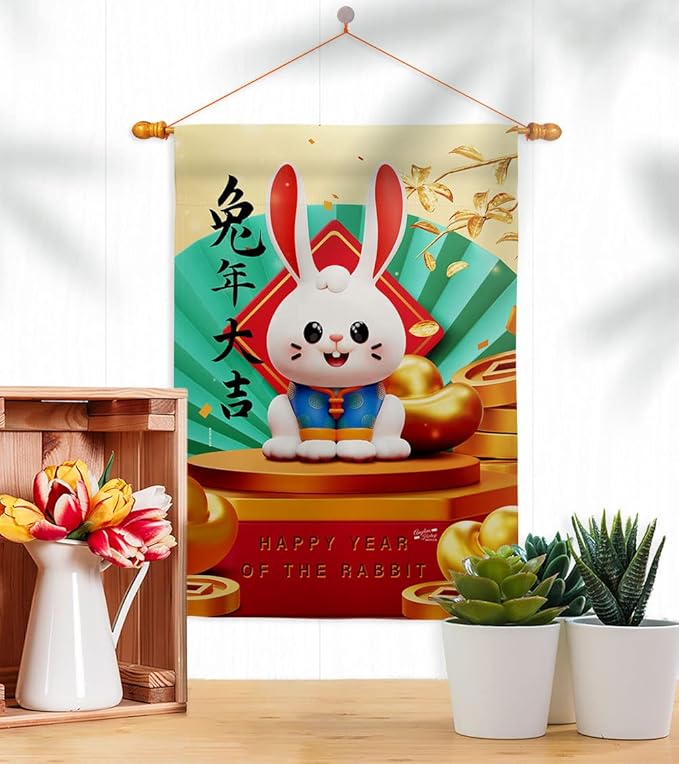 Lunar New Year Tapestry Home Decor Banner Wall Art Patio Porch Lawn Garden Flag Stand Pole Room Decorations Indoor Outdoor Year Of Rabbit Spring Festival Gifts Luck Chinese Decorations Made In USA