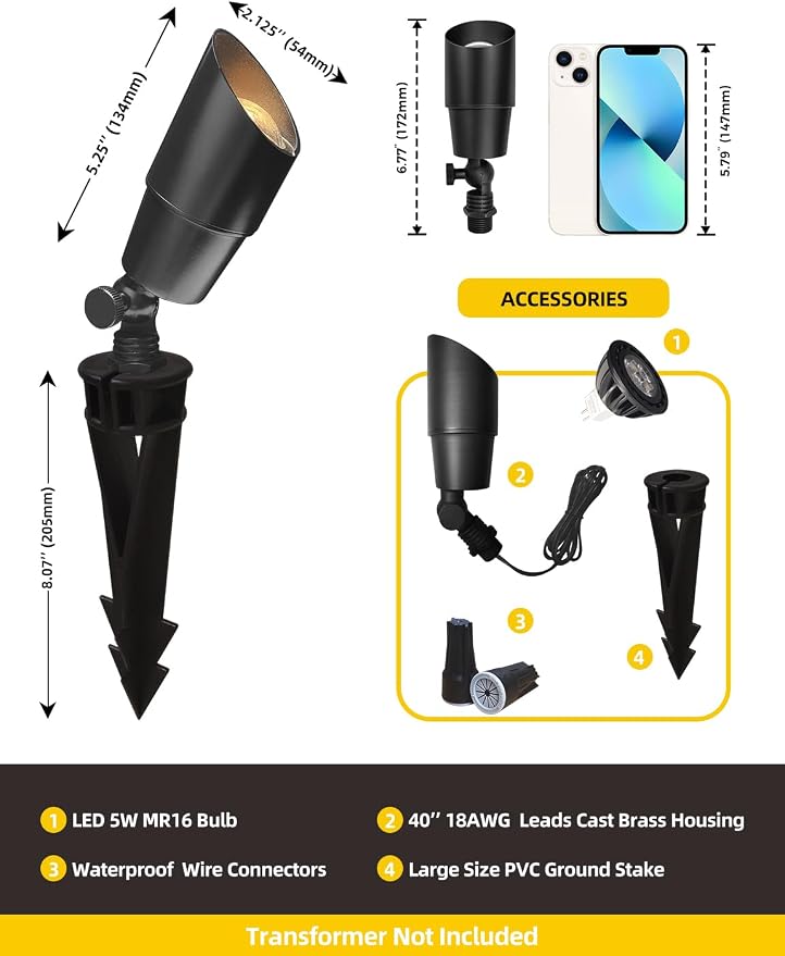 COLOER Brass Low Voltage Landscape Spotlight(Black) 12-Pack with 5W Aluminum Housing MR16 LED Bulb 2700K 450LM CRI85+,12V AC/DC Outdoor Uplighting, Directional Garden Patio Spot Up Light(101B-Black)