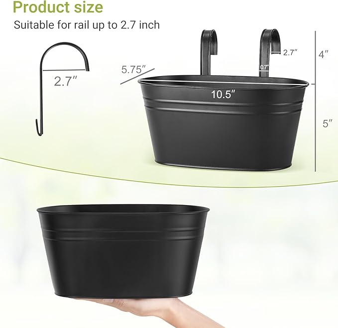 Dahey 10.5 and 15.7 Inch Metal Iron Hanging Flower Pots for Railing Fence Hanging Bucket Pots Countryside Style Window Flower Plant Holder with Detachable Hooks Home Decor