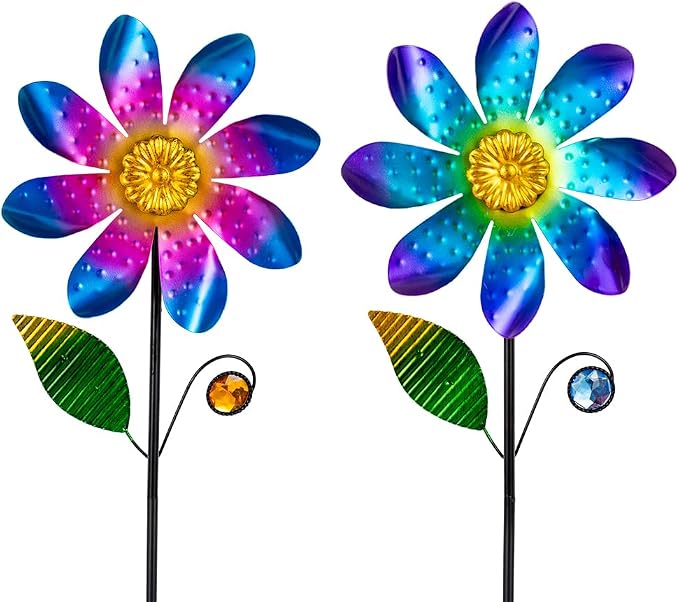 Viveta 2 Pack Flower Wind Spinners, Metal Wind Sculptures & Pinwheels for Garden, Kinetic Windmill for Yard Lawn Patio Decor(Blue and Pink)