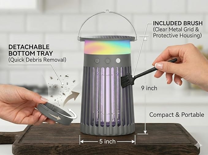 Solar Bug Zapper Outdoor & Indoor, 4200V Electric Mosquito Killer w 4000mah USB Rechargeable Battery, Fly Trap for Gnat, Fruit Fly, Moths, Portable Pest Control for Camping, Garden, Patio
