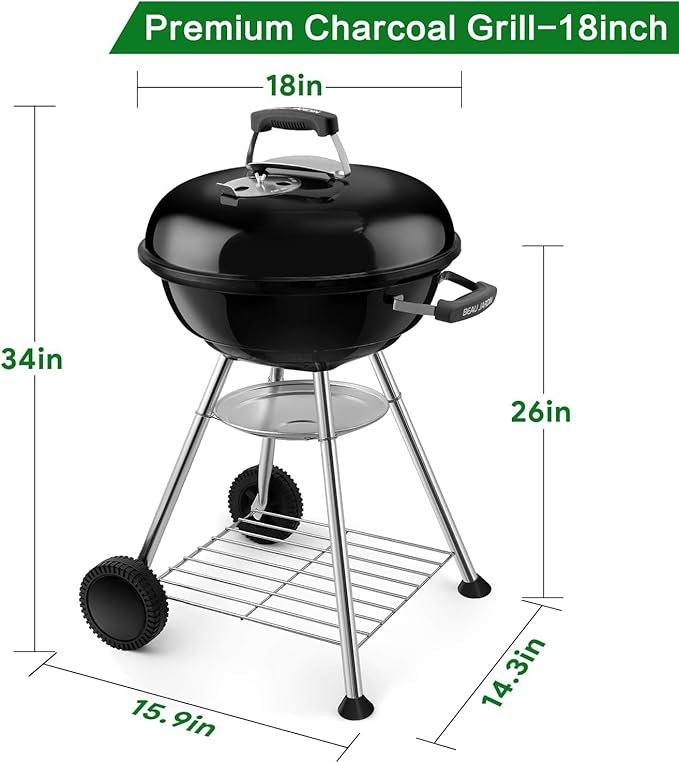 BEAU JARDIN Charcoal Grill 18 Inch for Outdoor Cooking BBQ Barbecue Coal Kettle Bowl Grill Portable Heavy Duty Round with Wheels Grilling for Tailgating Patio Backyard Camping Black